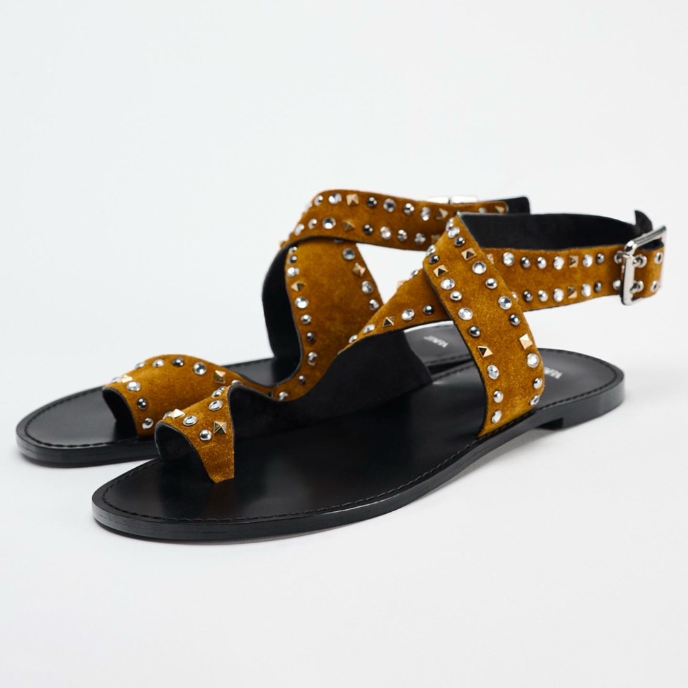 ZARA STUDDED FLAT SUEDE SANDALS